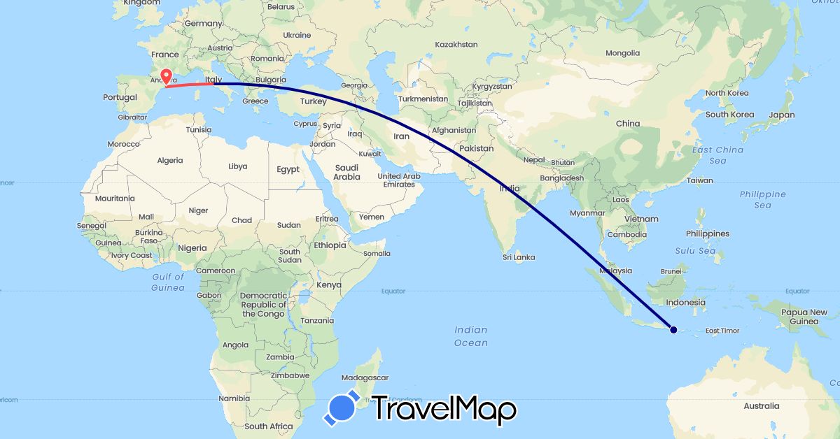 TravelMap itinerary: driving, hiking in Spain, Indonesia, Italy (Asia, Europe)